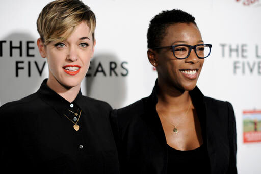 FILE - In this Feb. 11, 2015, file photo, Lauren Morelli, left, and Samira Wiley arrive at the LA Premiere of "The Last Five Years" in Los Angeles. Morelli and Wiley announced their engagement on social media on Oct. 4, 2016.