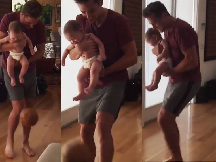 Soccer star Robbie Rogers teaching his son Caleb to kick will give you the awws