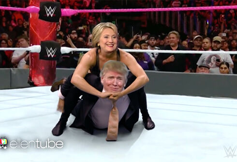 Watch: Ellen previews second Clinton-Trump debate with WWE parody