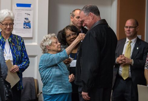Tim Kaine casts vote, but happily waits for 99 year-old woman to go first