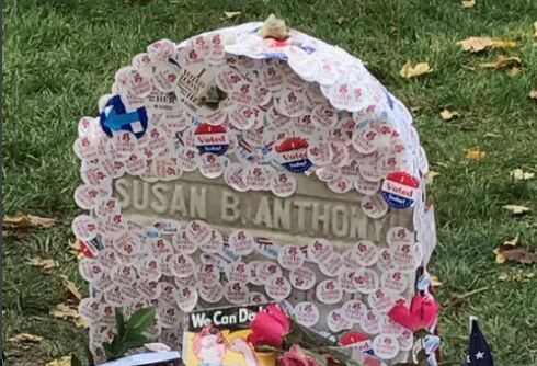 Women cover Susan B. Anthony headstone with ‘I Voted’ stickers on historic day