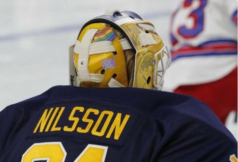 Buffalo Sabres goalie wears pride flag on mask to show support for gay friends