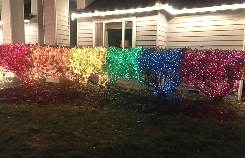 A rainbow flag made of 10,000 lights decorates the woman's porch now
