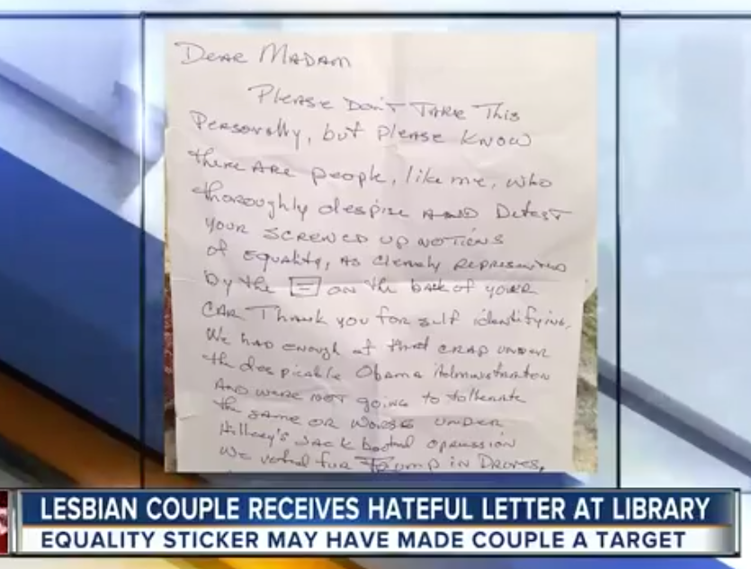 Anonymous &#8216;Republican&#8217; leaves nasty note on car of older lesbian couple