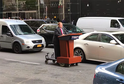 Watch out! Melissa McCarthy as Sean Spicer drives her podium through NYC
