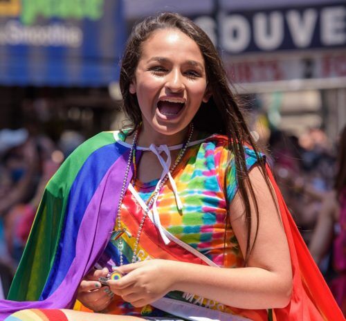 Jazz Jennings at NYC Pride in 2016. Jennings, who is Jewish and transgender, transitioned as a child.
