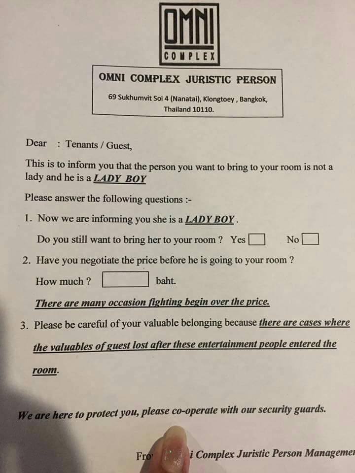 Why is an Omni hotel warning guests that 'ladyboys' could rob them