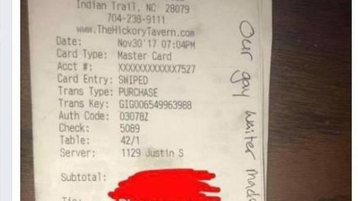 Restaurant punishes server after customer leaves antigay insults on their receipt