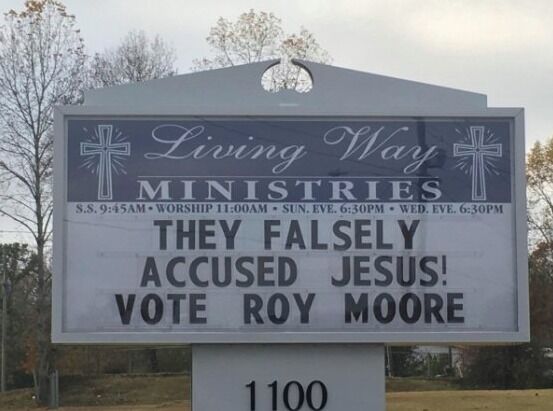 Church sign urges voters to support an alleged child molester because Jesus