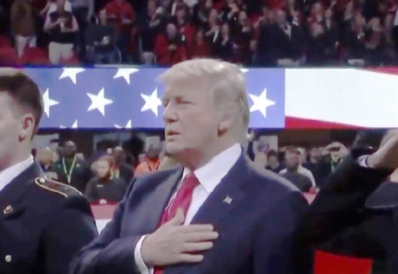 Watch Trump lip sync the National Anthem like a bad drag queen