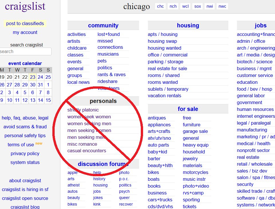 Craigslist closes its personals section after sex trafficking bill passes picture pic