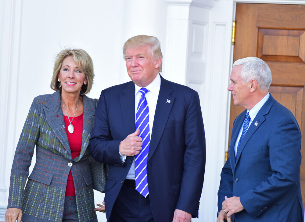 BEDMINSTER, NEW JERSEY - 19 NOVEMBER 2016: President-elect Donald Trump & Vice President-elect Mike Pence met with potential cabinet members at Trump International. Betsy DeVos, left, is Trump's pick for Education Secretary.