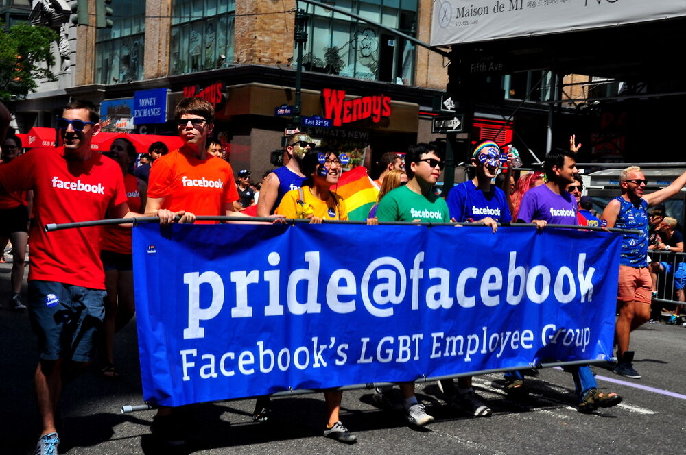 Pride Facebook group with their blue banner at the 2014 LGBT Pride Parade on Fifth Avenue in NYC.