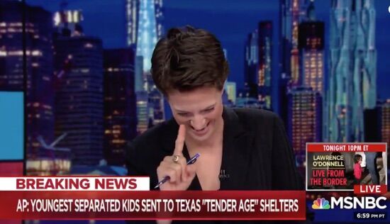 MSNBC anchor Rachel Maddow broke down in tears on-air reporting about President Trump's "tender age" facilities to house stolen migrant children.
