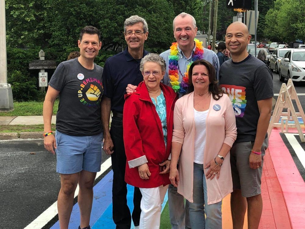Maplewood Township Committee member Dean Dafis (Left) with Victor De Luca, Governor Phil Murphy, Frank McGehee, Mila Jasey, and Nancy Adams at the crosswalk's unveiling.