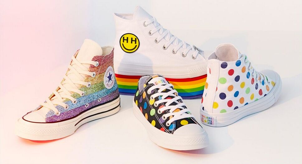 Converse's 2018 Pride Collection's footwear options include rainbow stripes and polka dot options.