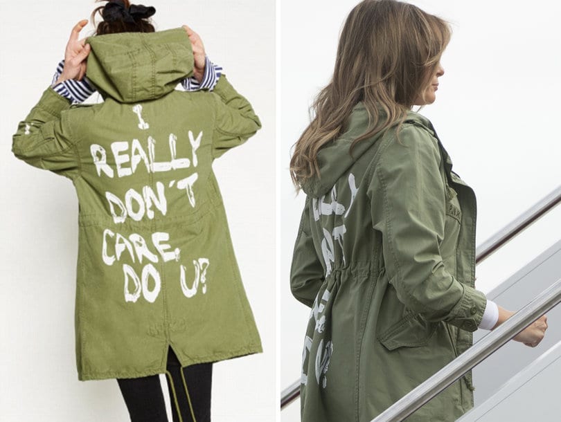 Side by side showing Melania Trump's jacket and the slogan "I really don't care. Do U?"