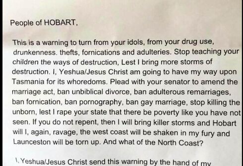 ‘Jesus’ writes note to town residents threatening destruction unless they ban gays