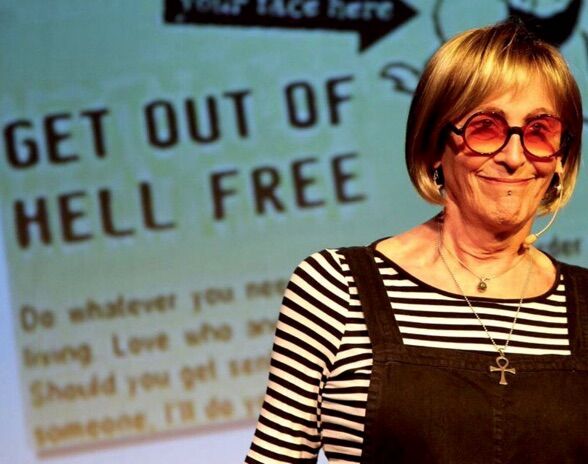 Kate Bornstein on stage performing during "On Men, Women, and the Rest of Us" at La Mama theater.