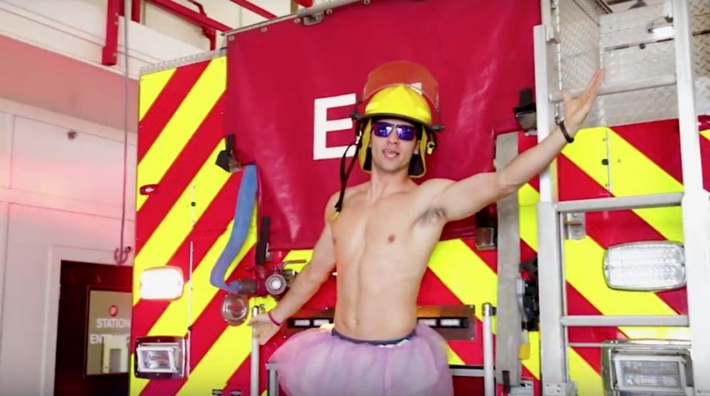 Paris, TX firefighter Chase Reynolds performs "Barbie Girl" as part of a lip synch video.