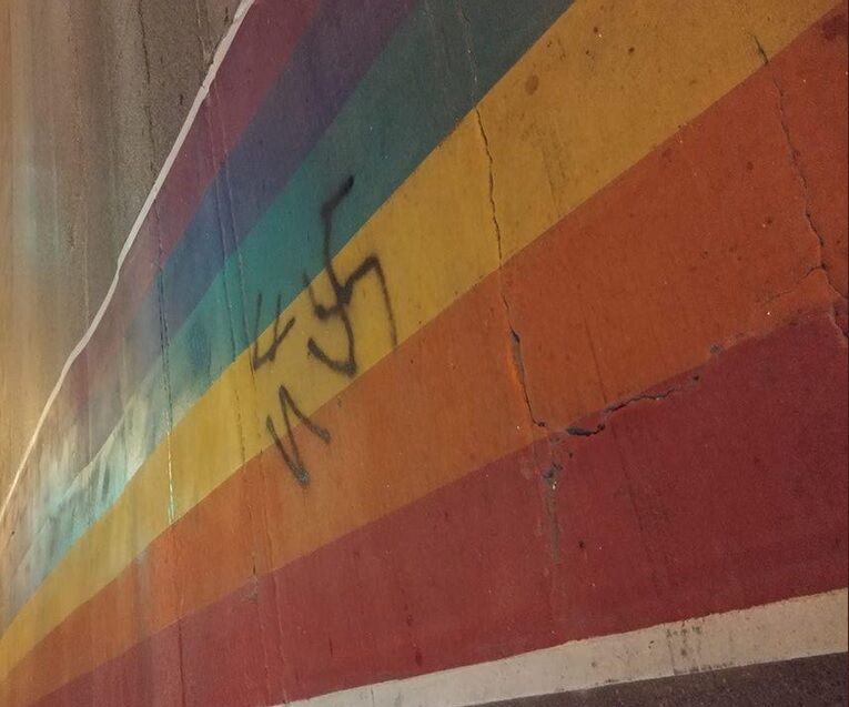 Rainbow crosswalk vandalized with swastikas in gay village