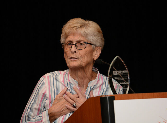 August 2018: Union leader and lesbian icon Nancy Wohlforth accepts the Pride At Work Solidarity Award.