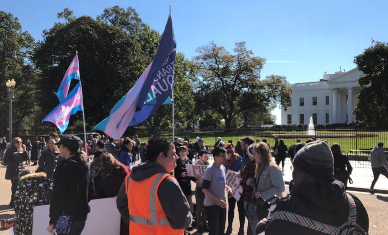 Activists protest outside the White House after news leaks that the administration is considering radically redefining the definition of "gender" to erase transgender people out of civil rights law.
