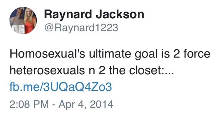 One of Raynard Jackson's offensive anti-LGBTQ tweets