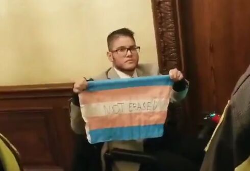 A protester with a trans flag interrupted Jeff Sessions’ speech. He wasn’t happy about it.