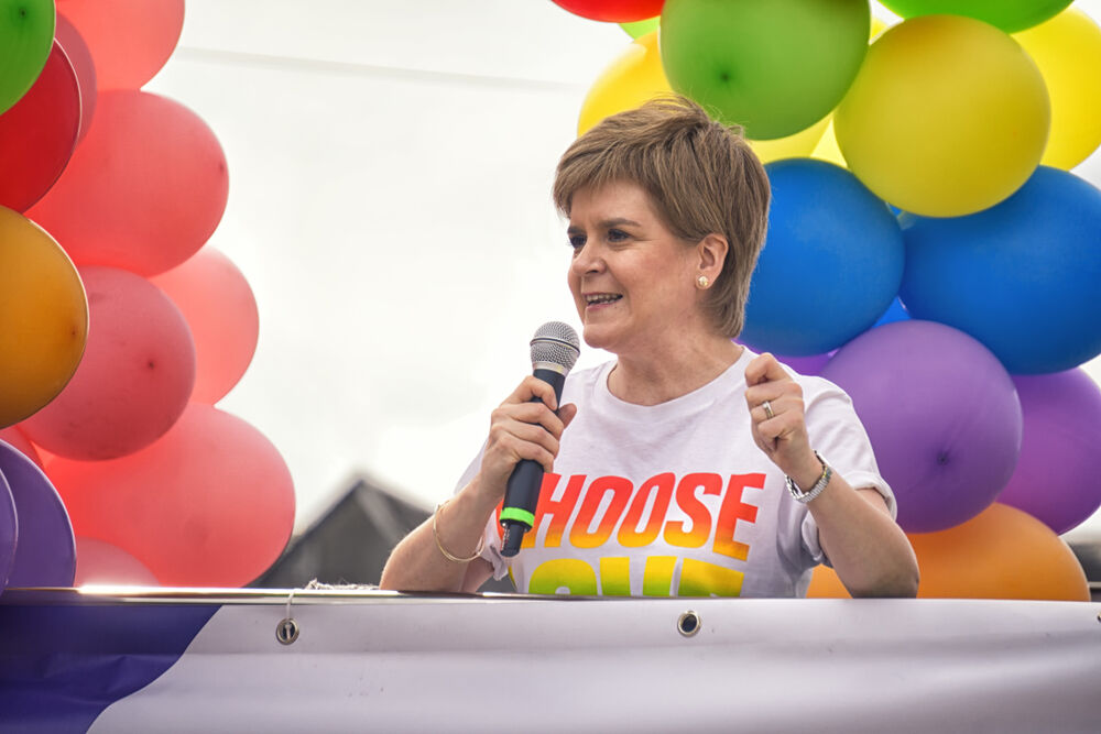 GLASGOW, SCOTLAND - July 14, 2018: First Minister Nicola Sturgeon speaking up and leading the march for Pride Glasgow 2018, to promote LGBTI equality rights.
