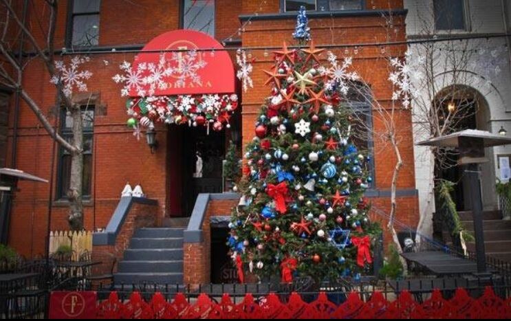 A Christmas tree in front of a red brick building.