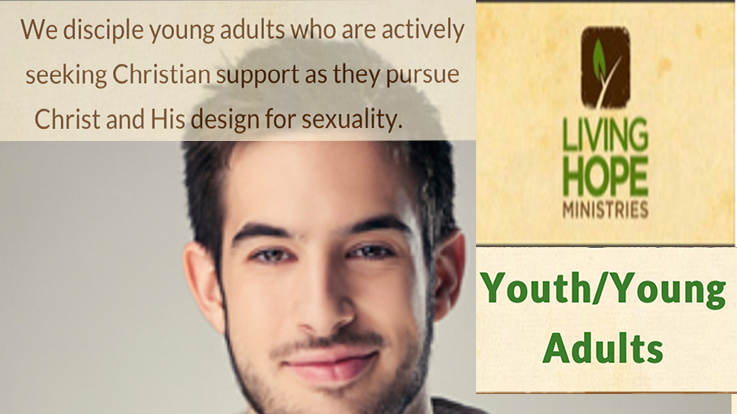 A screenshot from the app. a young man smirks at the camera and messages about conversion therapy appear, as well as the logo for Living Hope Ministries.