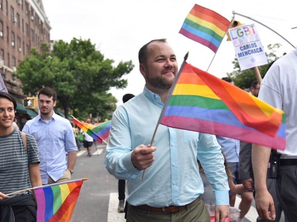 New York City city councillor Corey Johnson in the 2017 pride parade.