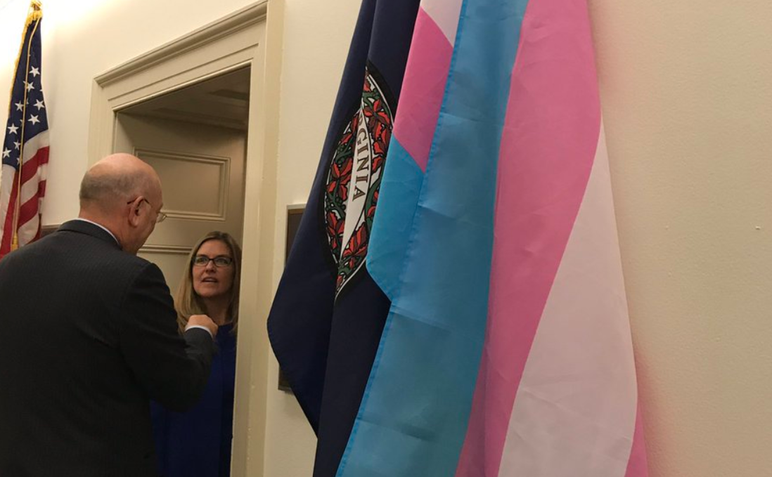 The trans flag hangs outside of freshman Democratic Congresswoman Jennifer Wexler's office.