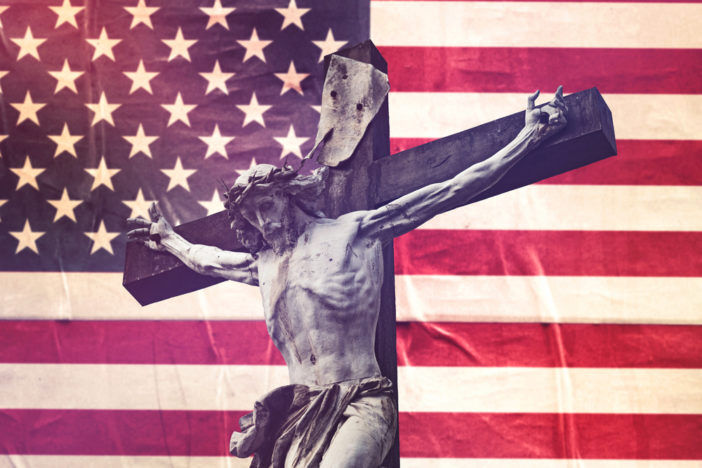 Jesus in front of an American flag