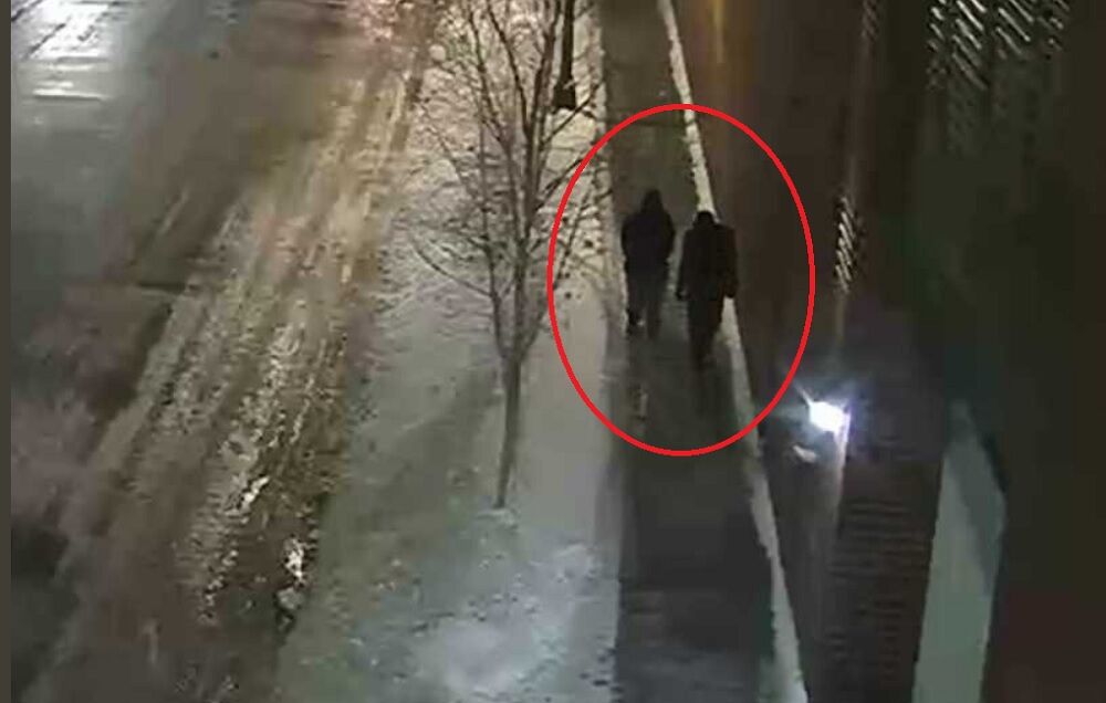Two figures walking along a snowy sidewalk
