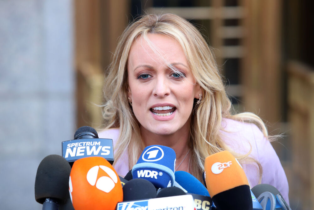 Stormy Daniels holds a press conference after leaving federal court on April 16, 2018, in New York.