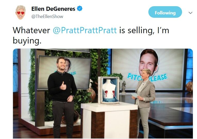 A Tweet from Ellen promoting a segment with Chris Pratt