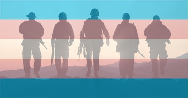 Silhouettes of troops on the transgender flag