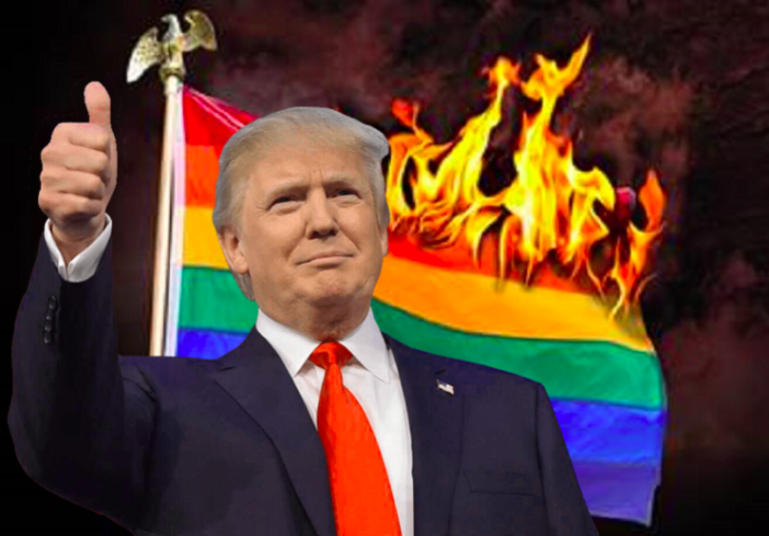 Donald Trump in front of a burning rainbow flag that's on fire