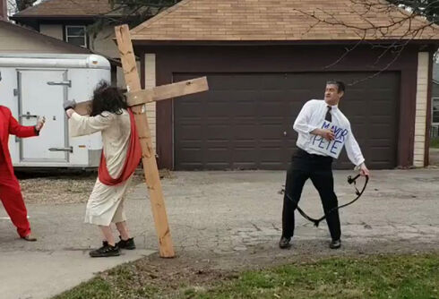 Bizarre Christian protest features a Pete Buttigieg impersonator flogging Jesus as Satan watches