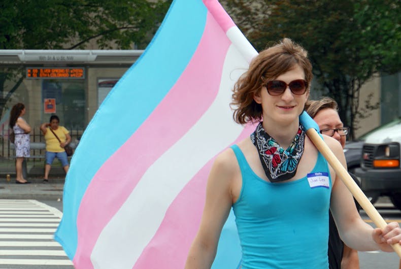 A person carrying a transgender flag in a street