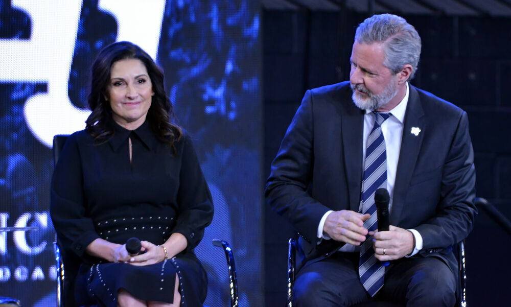 Nov. 28, 2018: Becki Falwell and her husband Jerry Falwell Jr. taking part in a town hall discussion on the opioid crisis in America hosted by Liberty University.