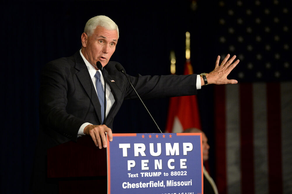 September 06, 2016: Republican vice presidential candidate, Indiana Governor Mike Pence speaks to supporters at a rally in Chesterfield, Missouri