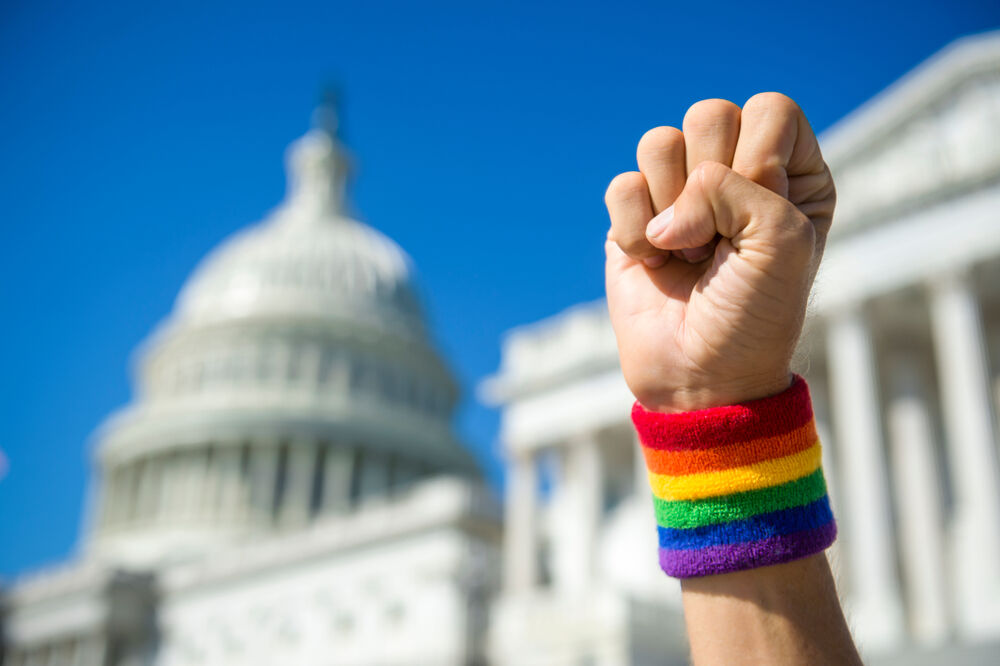 rainbow fist in front of capitol