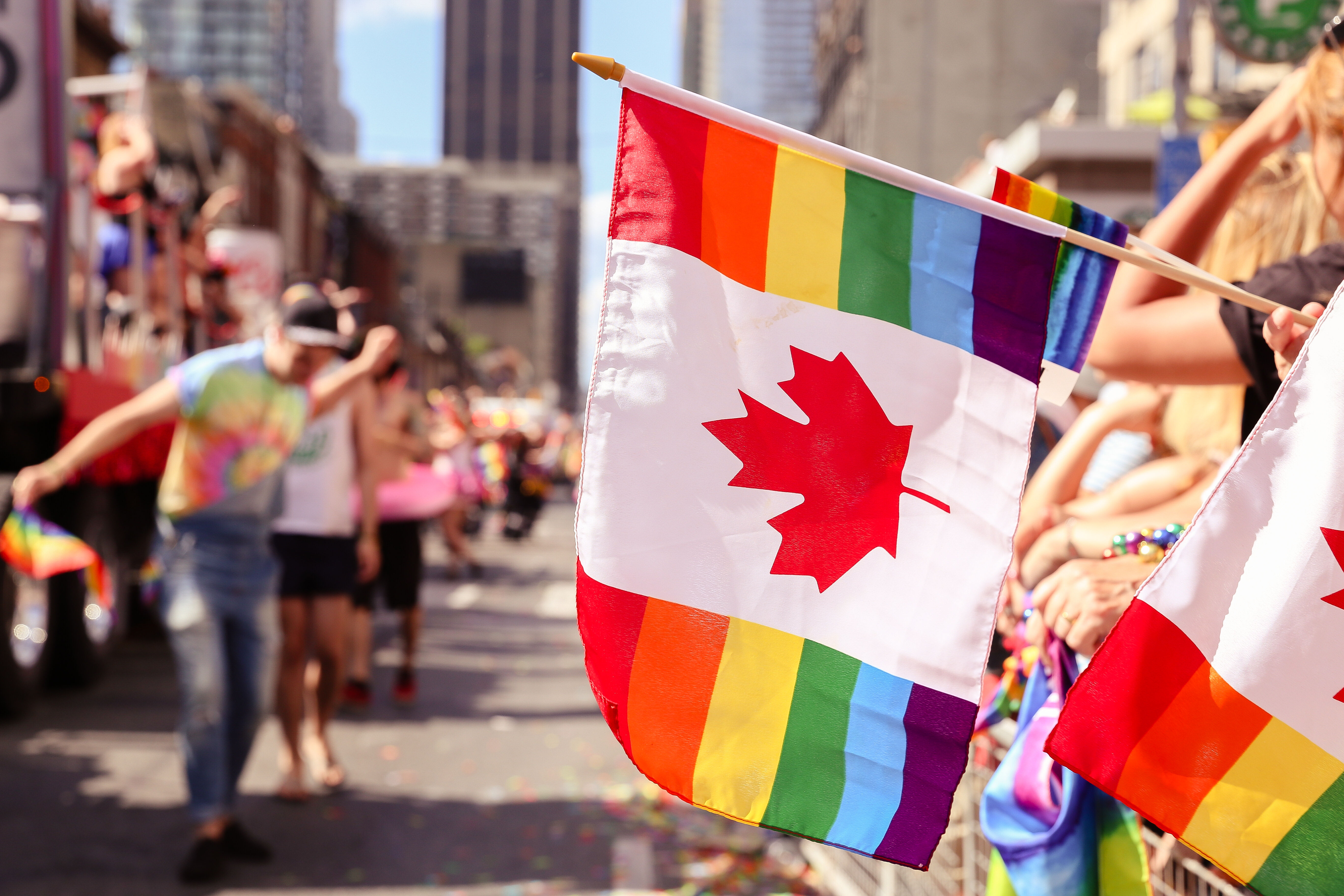 JULY 3, 2016: Crowd waves Canadian rainbow flags while watching floats at Toronto Pride parade.