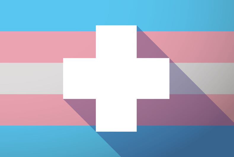 transgender flag with a pharmacy symbol in front of it