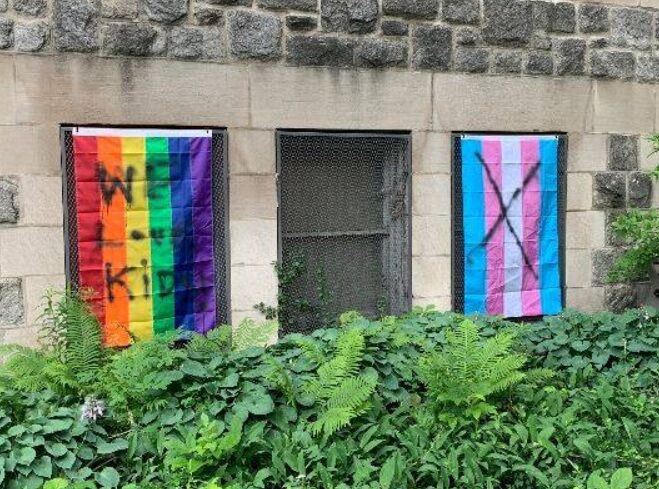 The flags with the spray paint on them.