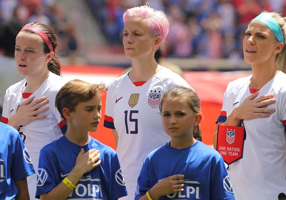 HARRISON, NJ - MAY 26, 2019: U.S. Women's National Soccer Team forward Megan Rapinoe #15 during National Anthem before friendly game against Mexico. Since she was reprimanded for kneeling during the National Anthem, she has refused to put her hand on her heart.