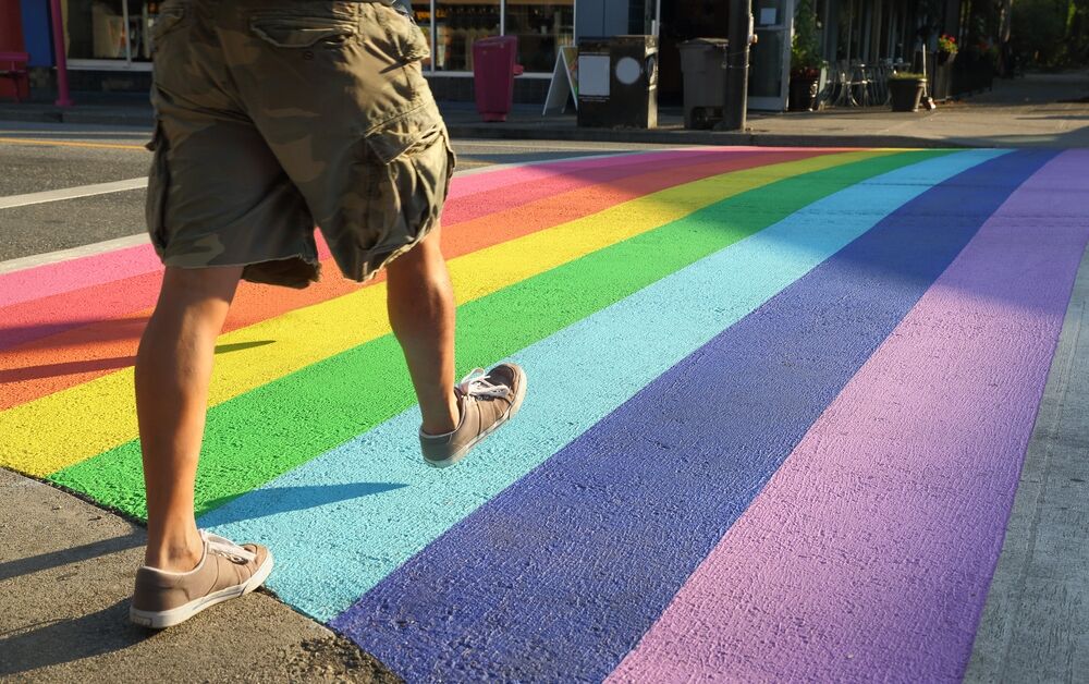 rainbow crosswalk, LGBTQ, pride, fast walking